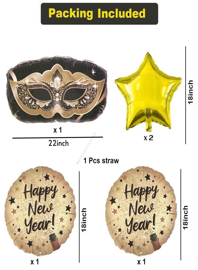 AMFIN (Pack of 5) New Year Foil Balloon Decoration Set with Masquerade Mask, Gold Star and Black Round Foil Balloons for New Year Eve Celebrations Party Decor - Image 2